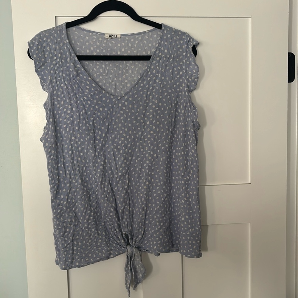 Light blue polka dot rayon blouse with ruffled sleeves, Ophelia Flutter Sleeve